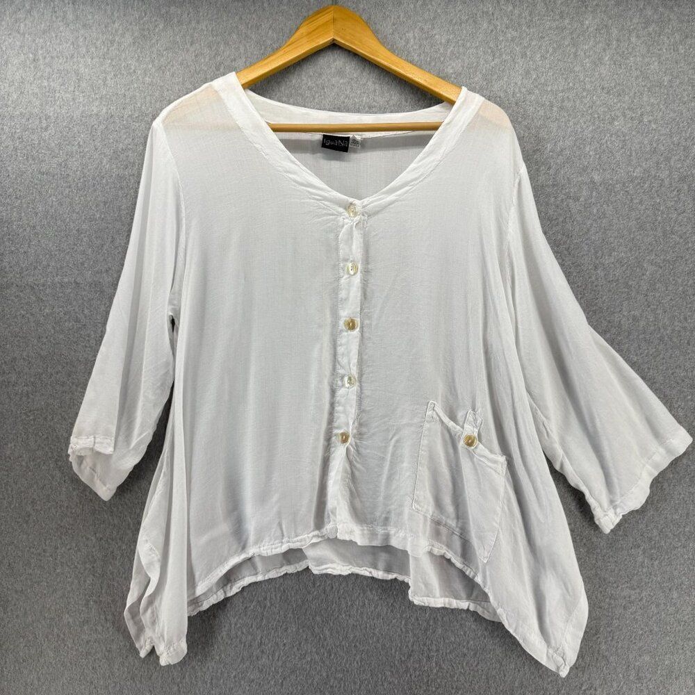 Iguana Womens Medium White Button-Front V-Neck Shirt Blouse Pocket Rayon Relaxed